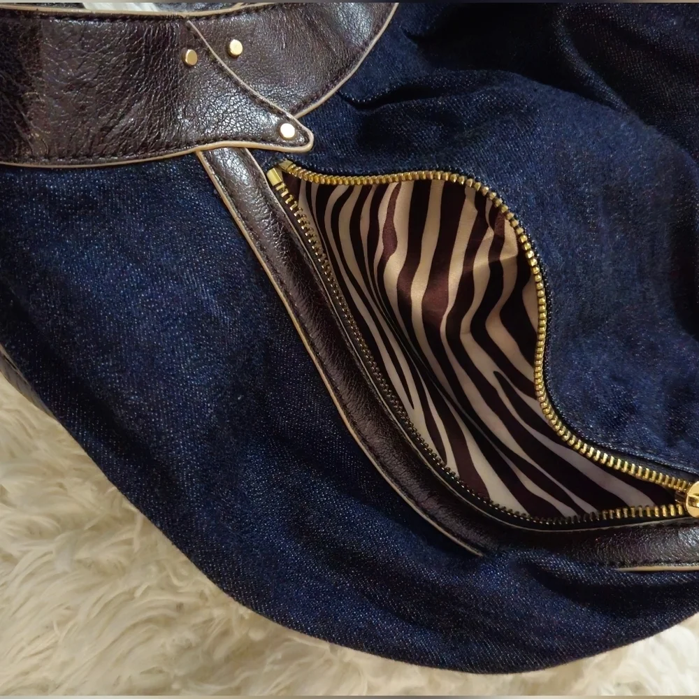 Dana Buchman Demin Navy and Brown Faux Leather Trim w/Gold Hardware Hobo Bag